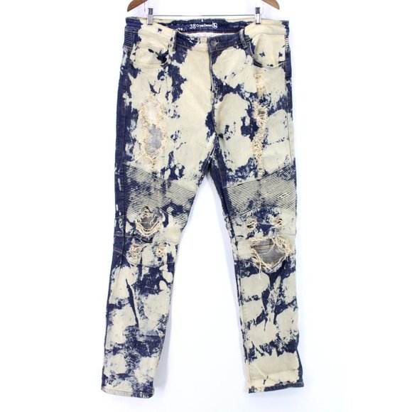 Crysp Denim Jeans Mens Blue Denim Acid Washed Rockstar Moto Distressed Size 38 - Picture 1 of 8